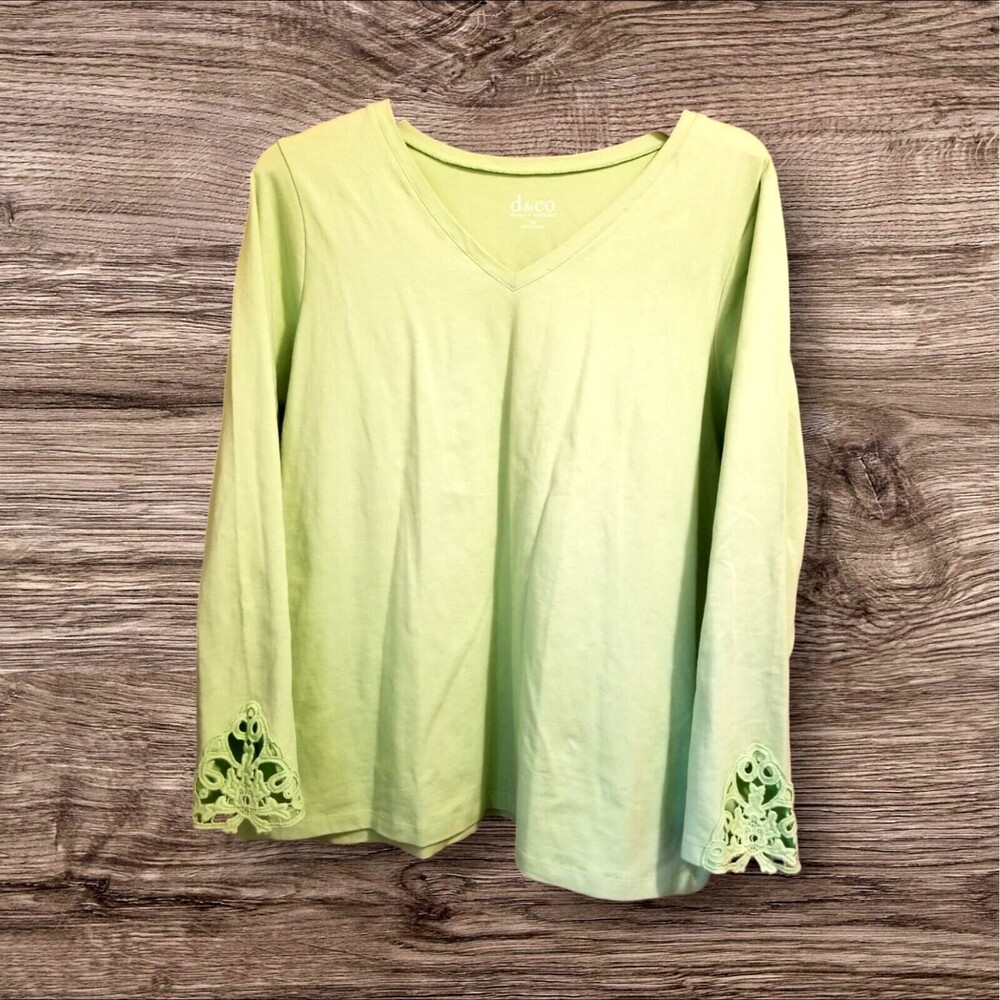 Denim & Co. Women's Shirt Top V-Neck Green Eyelet Long Sleeve Size 1X